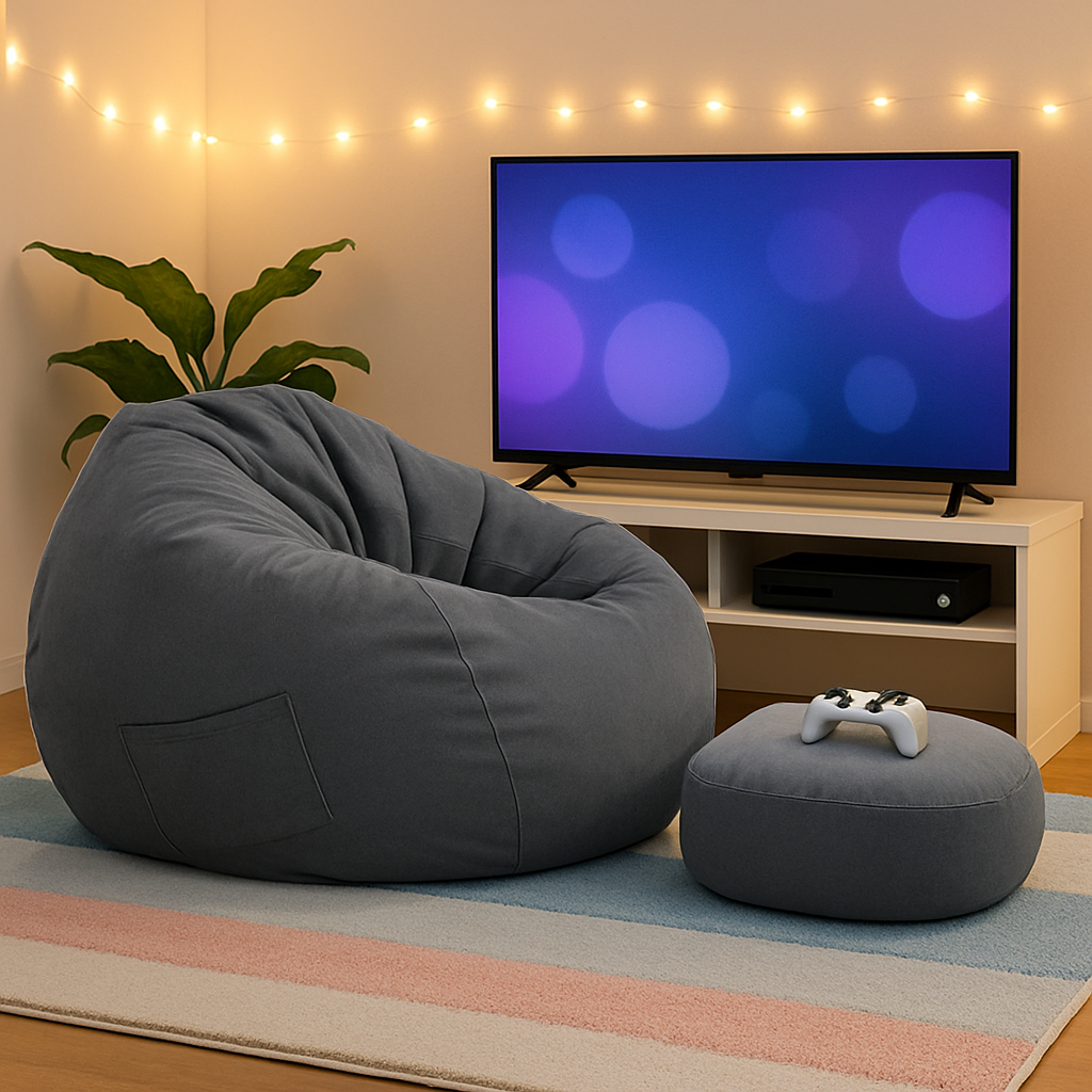 Fauteuil Poire en velours avec pouf – Confort modulable & Design cosy