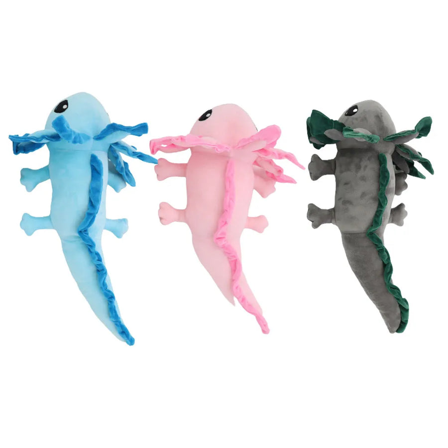 Peluches axolotl 45 cm, branchies en panache et longue queue plate
