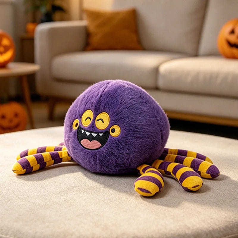 Peluche araignée violette 16 cm, pattes rayées jaune et violet