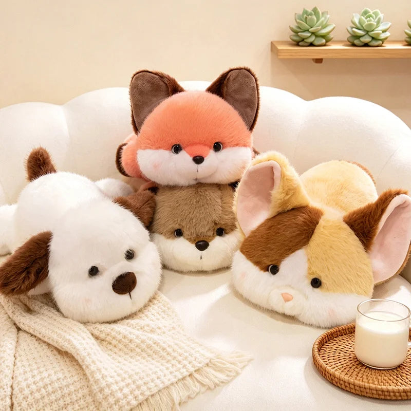 Collection de peluches allongées, quatre animaux et deux tailles au choix