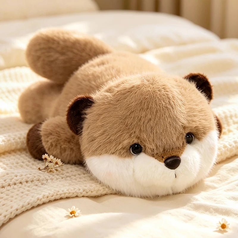 Peluche loutre allongée, museau et ventre crème, 25 ou 35 cm