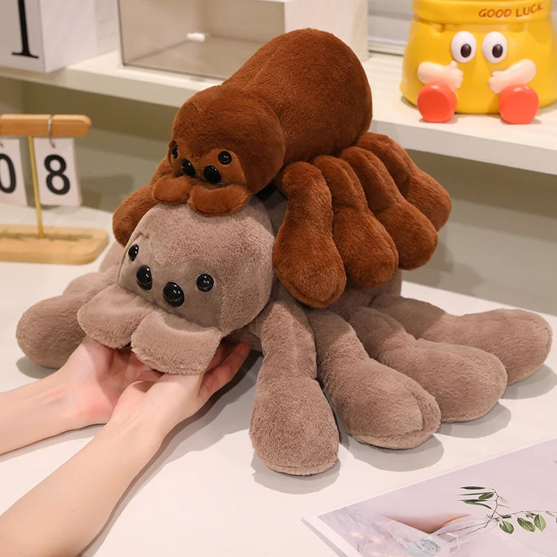 Peluches araignées brune et kaki, corps bombé et huit pattes