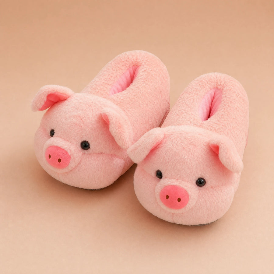 Chaussons Peluche Cochon Rose Moelleux pour Toute la Famille - Fond beige rosé, autre angle