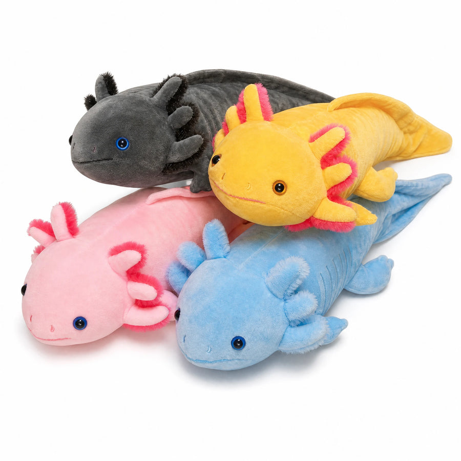 Peluche Axolotl multicolore à branchies duvetées - Fond blanc