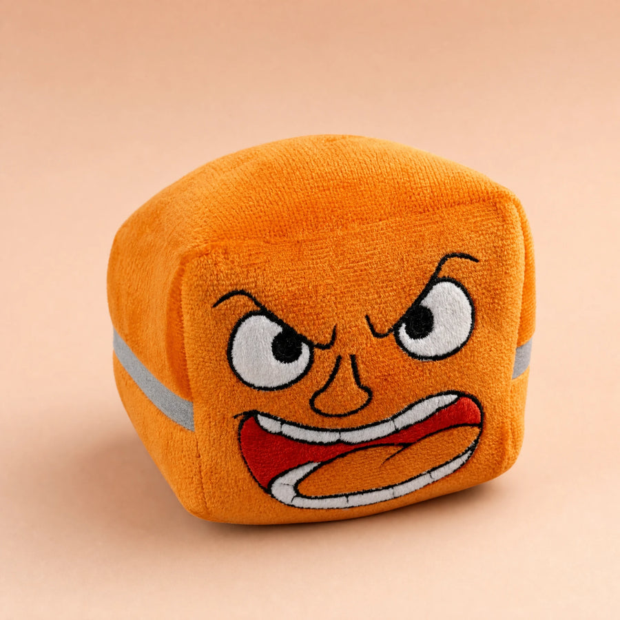 Peluche Brique Originale Orange à Visage Expressif 13 cm - Fond beige rosé, autre angle