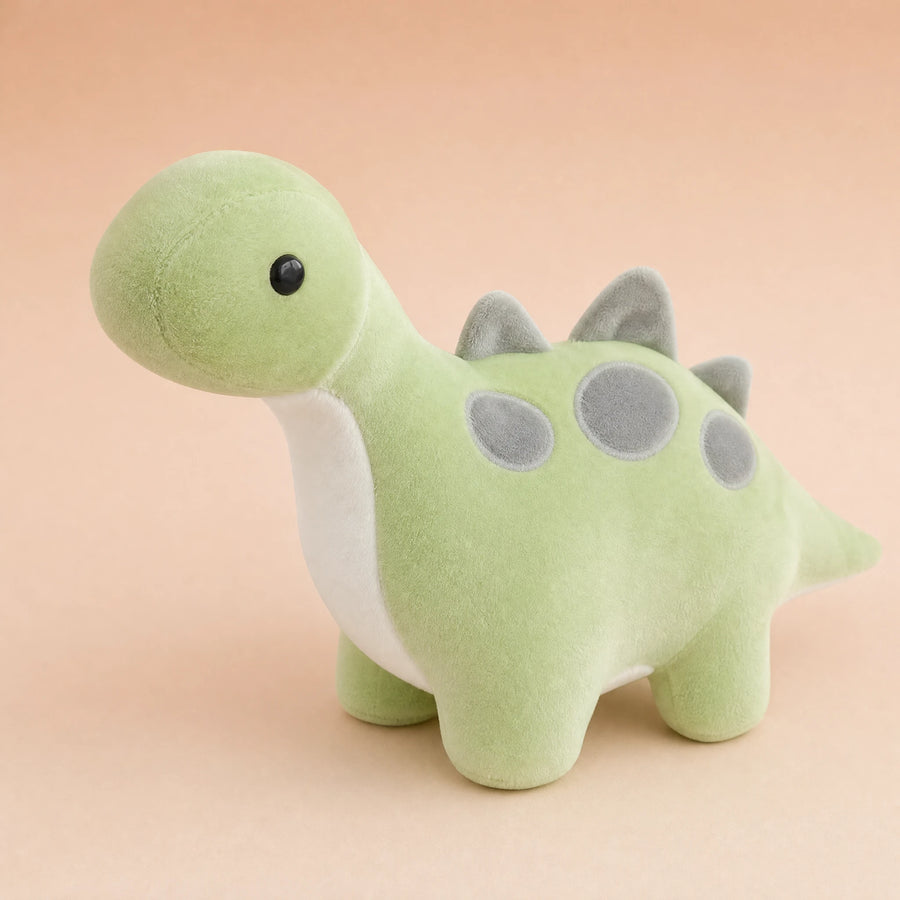 Peluche Dinosaure Diplodocus Vert Tacheté Gris - Fond beige rosé, autre angle