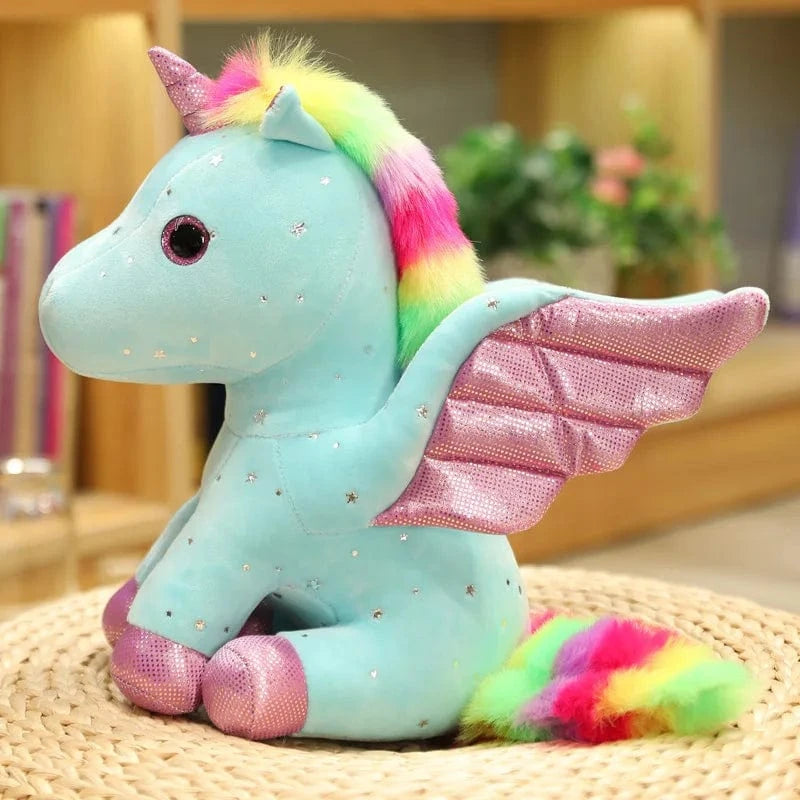 Peluche licorne bleu à crinière arc-en-ciel magique 30cm