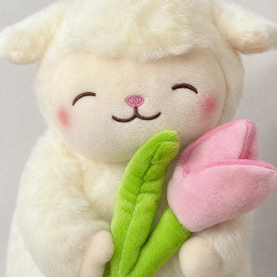 Peluche mouton blanc avec tulipe rose - Détail matière