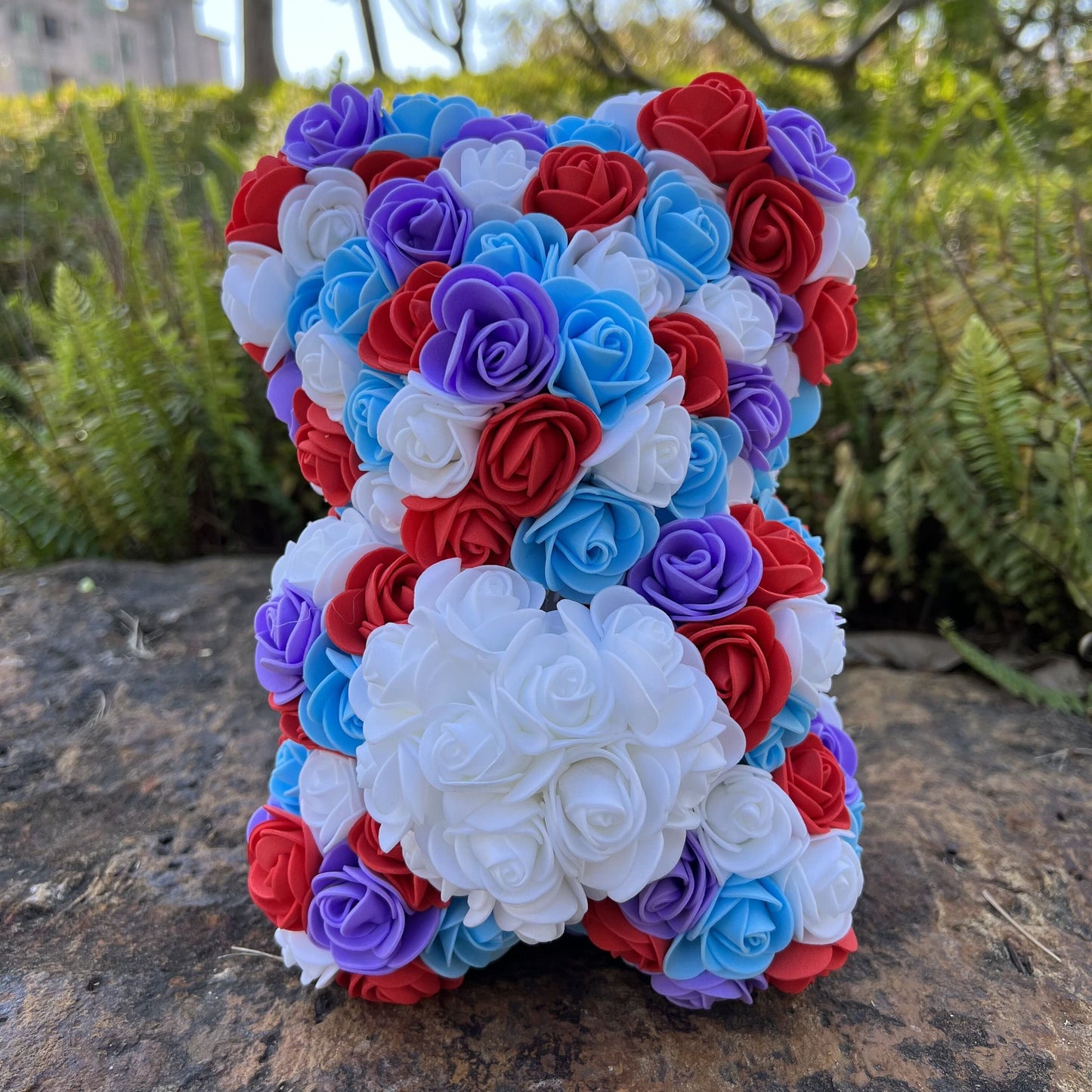 Peluche ourson en rose cœur bicolore Saint-Valentin Bleu/Blanc/Rouge / Sans boîte