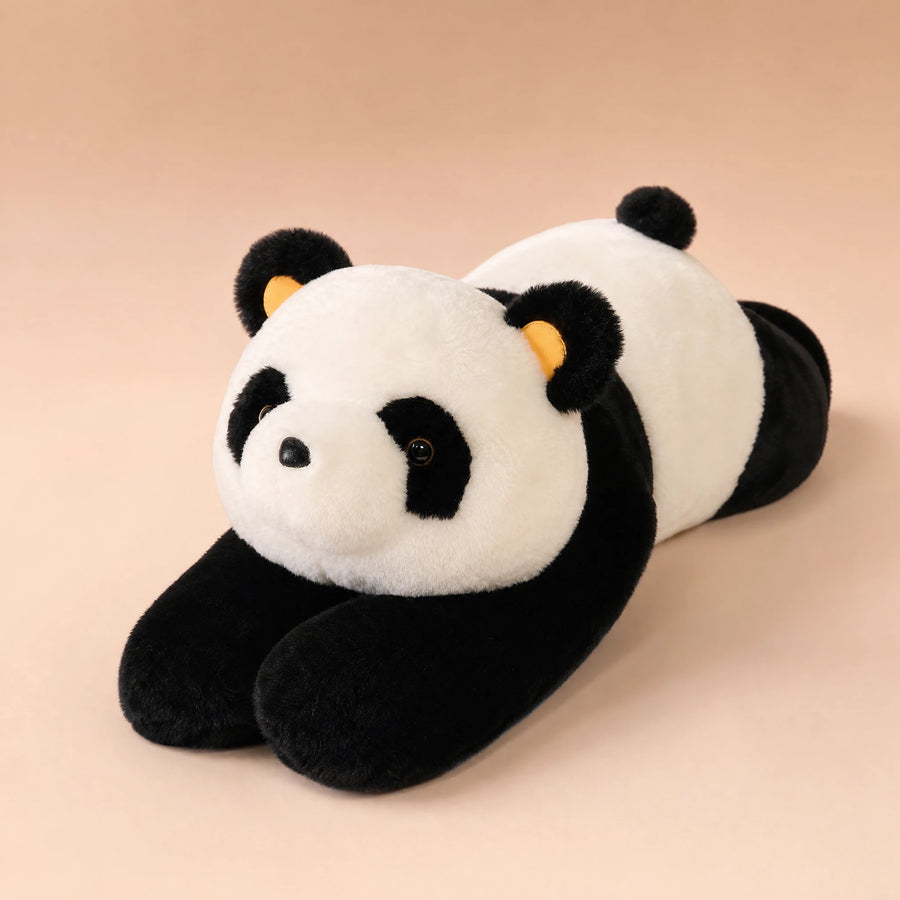 Peluche Panda Allongée Géante Noir et Blanc XXL - Fond beige rosé, autre angle