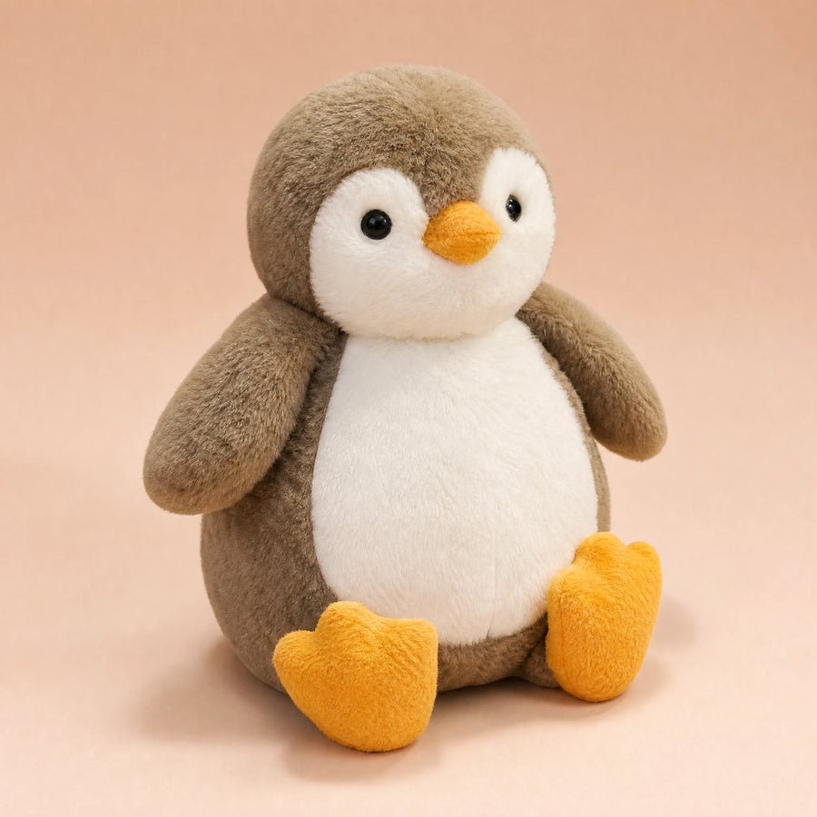 Peluche Pingouin Beige et Blanc Ultra Douce - Fond beige rosé, autre angle