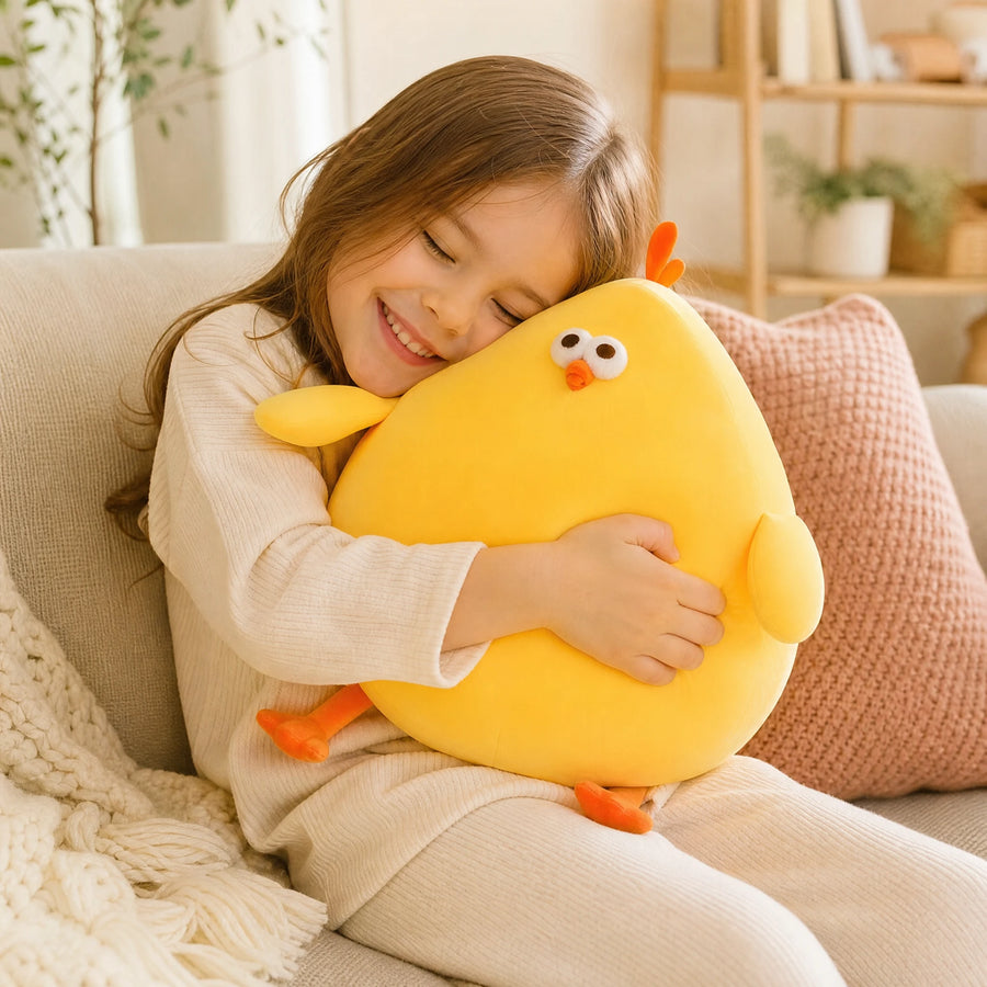 Peluche Poussin Géant Jaune Forme Rebondie et Pattes Orange - Utilisation du produit