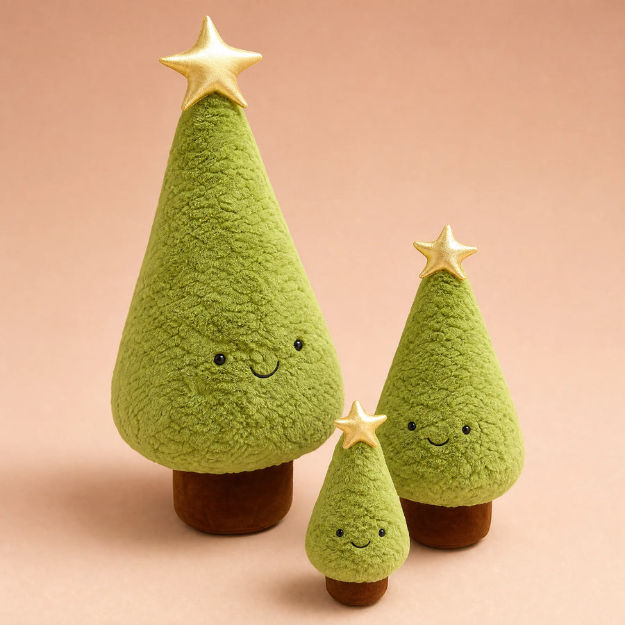Peluche Sapin de Noël avec Étoile Dorée et Sourire - Fond beige rosé, autre angle