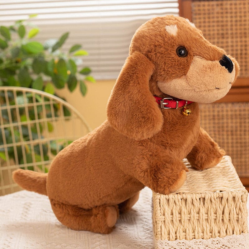 Peluche teckel coloré avec son collier rouge Marron