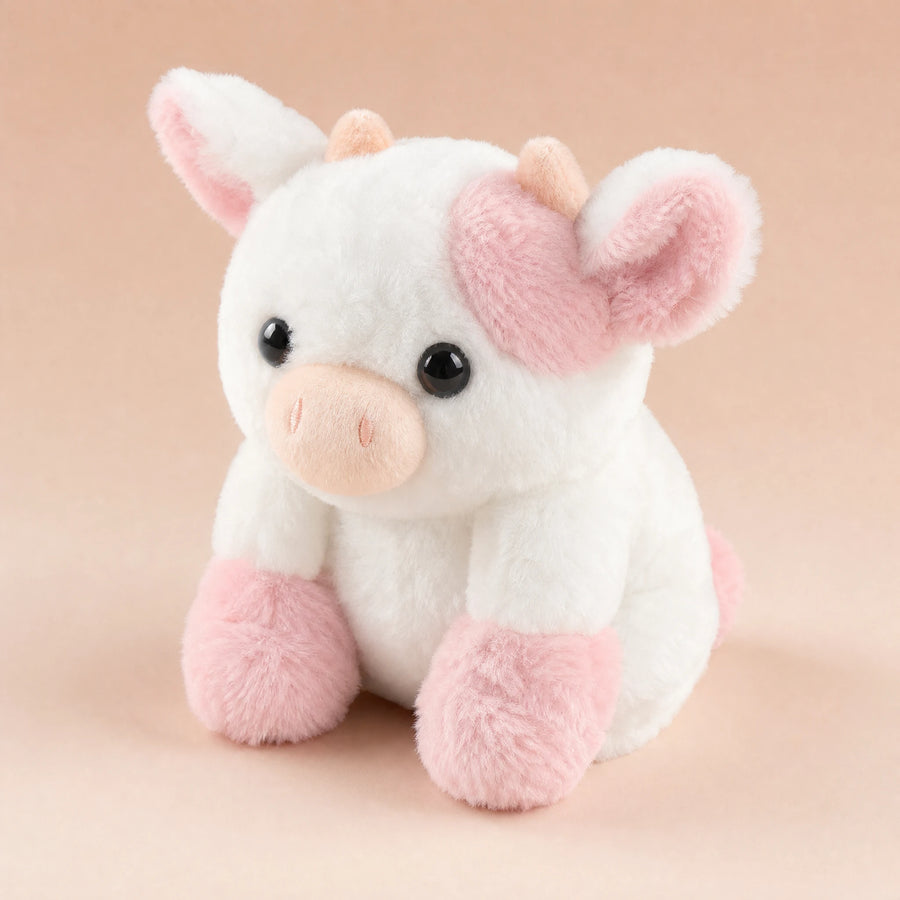 Peluche Vache Blanche Bicolore Rose ou Noire - Fond beige rosé, autre angle