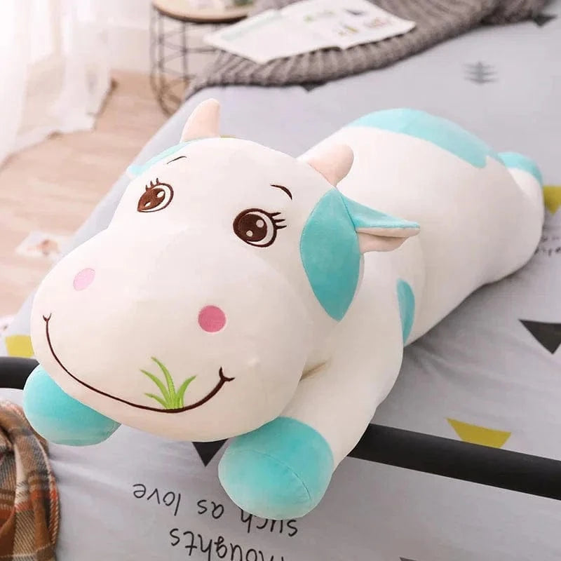 Peluche vache coloré qui broute de l'herbe Bleu / 110cm