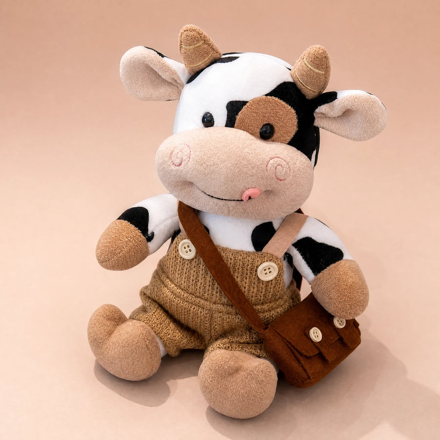 Peluche Vache Habillée en Salopette avec Sacoche - Fond beige rosé, autre angle