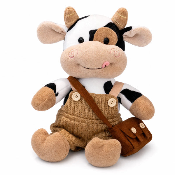 Peluche Vache Habillée en Salopette avec Sacoche - Fond blanc