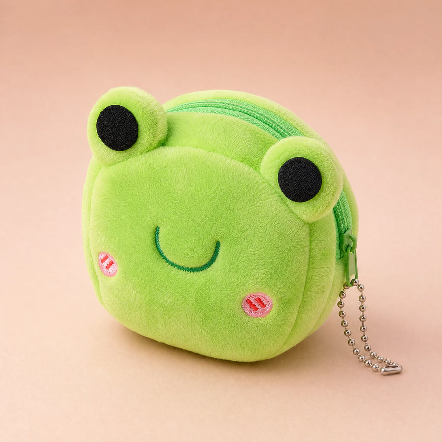Sac Peluche Grenouille avec Porte-Clés et Fermeture Zippée - Fond beige rosé, autre angle