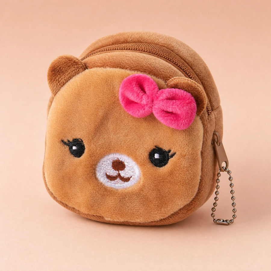 Sac Peluche Ourson avec Nœud Rose et Chaînette Porte-Clés - Fond beige rosé, autre angle