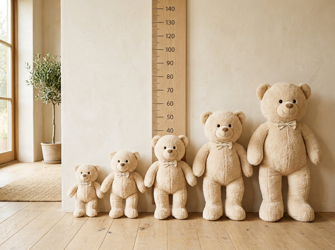 Cinq peluches ours debout alignées devant une toise graduée, de la plus petite à 1,50 m