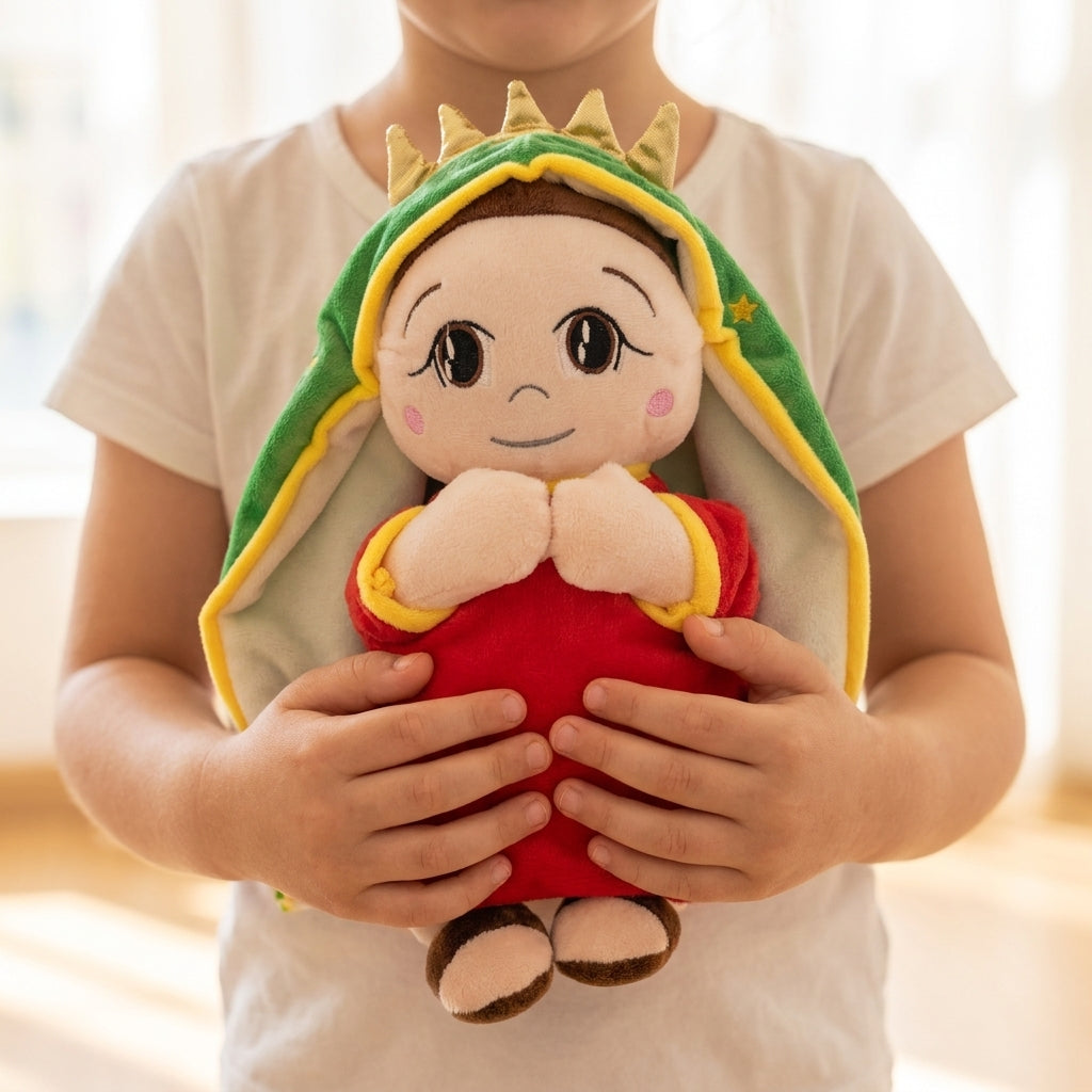 Peluche qui respire en robe rouge Marie et Jesus — musique et lumière