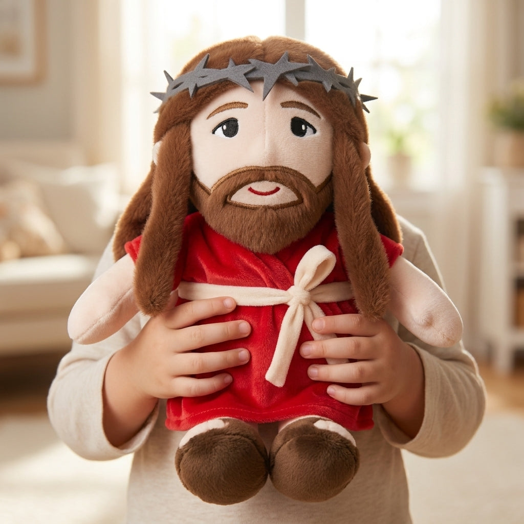 Peluche qui respire en robe rouge Marie et Jesus — musique et lumière