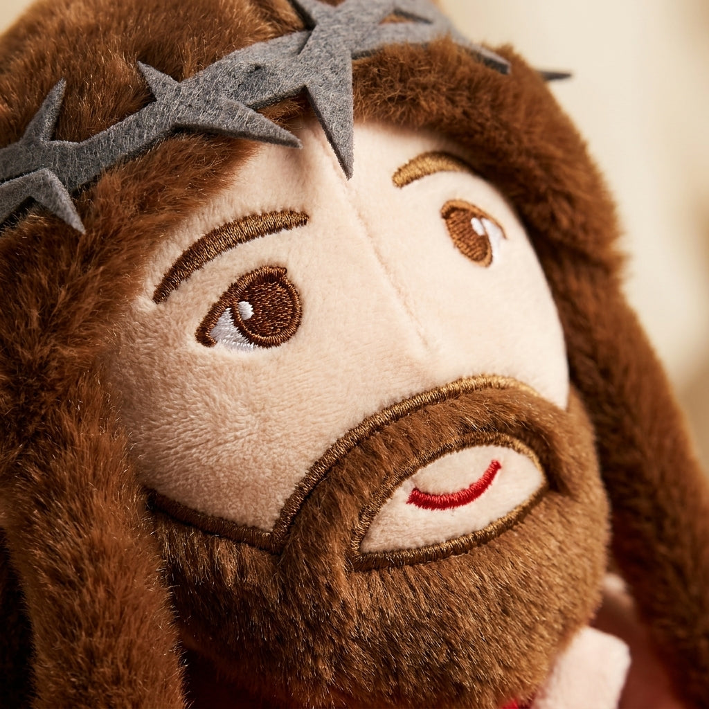 Peluche qui respire en robe rouge Marie et Jesus — musique et lumière