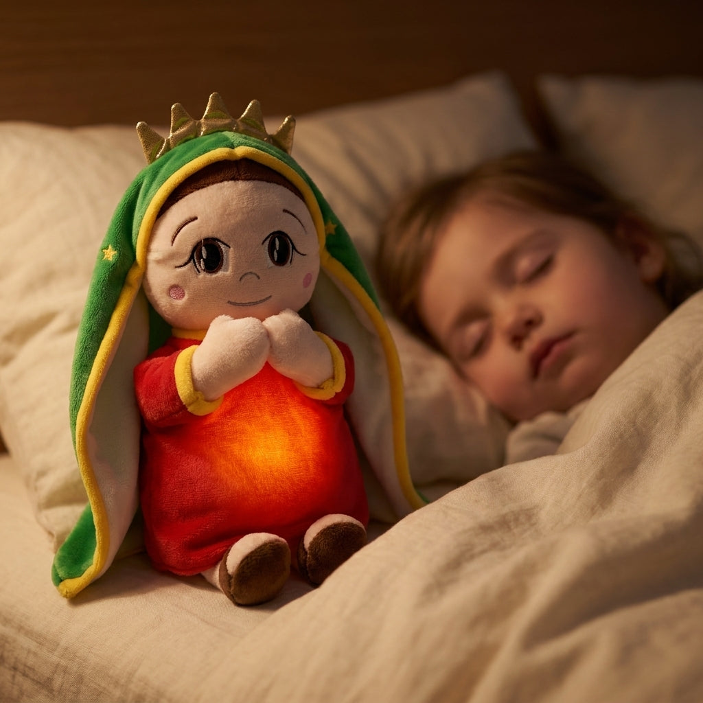 Peluche qui respire en robe rouge Marie et Jesus — musique et lumière