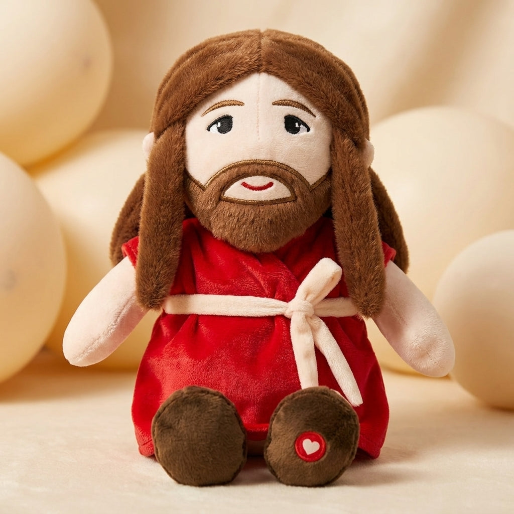 Peluche qui respire en robe rouge Marie et Jesus — musique et lumière