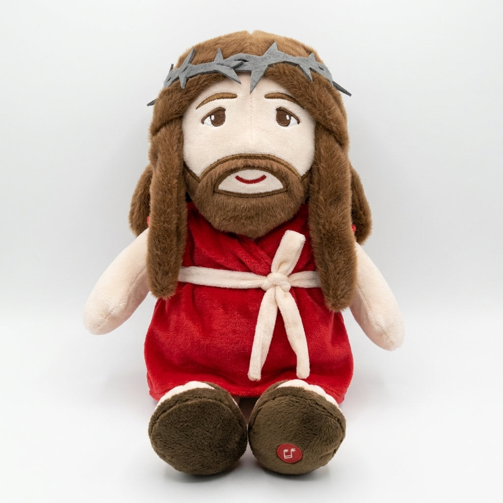 Peluche qui respire en robe rouge Marie et Jesus — musique et lumière