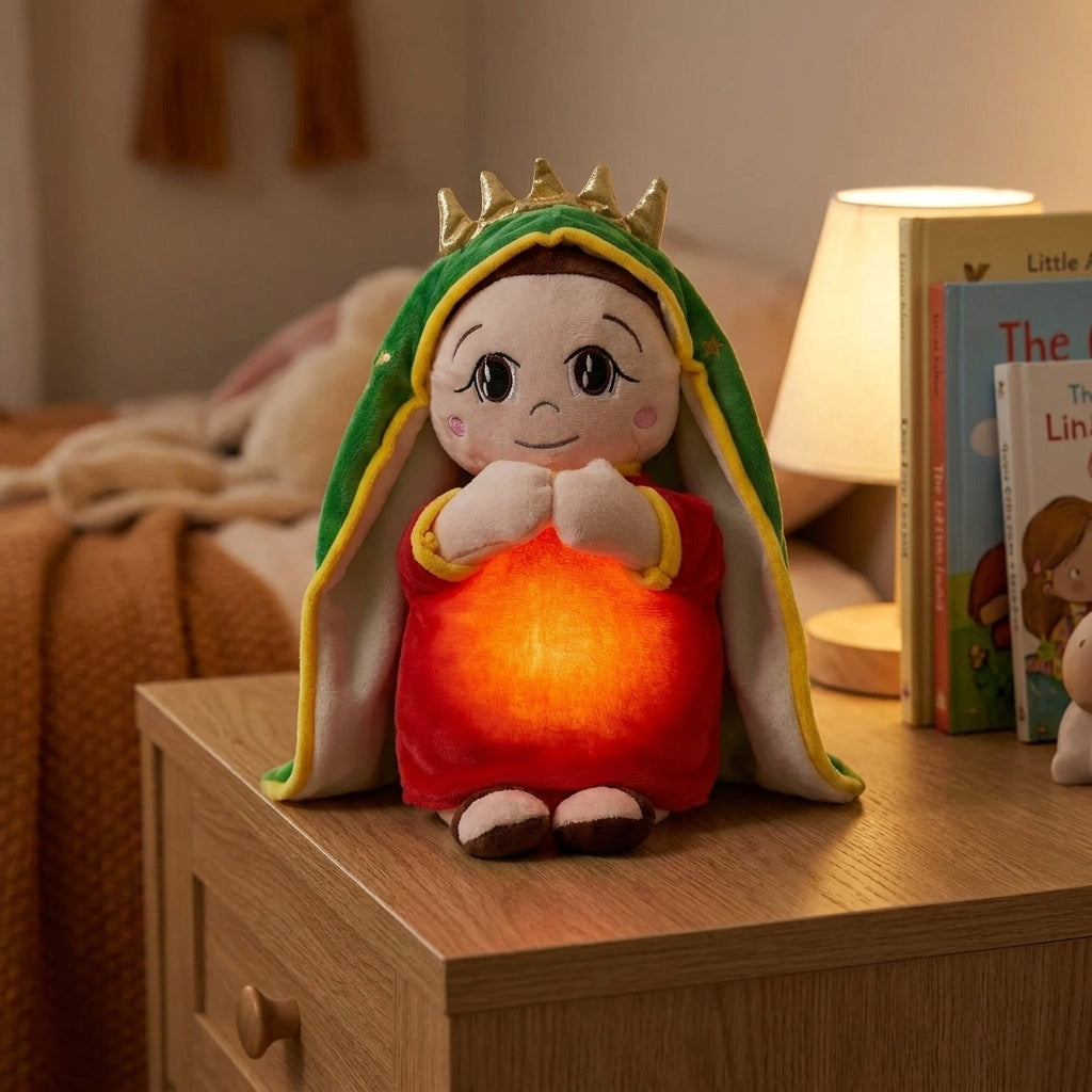 Peluche qui respire en robe rouge Marie et Jesus — musique et lumière