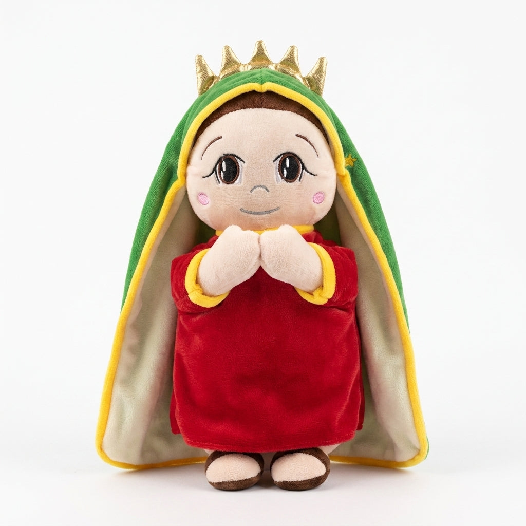 Peluche qui respire en robe rouge Marie et Jesus — musique et lumière