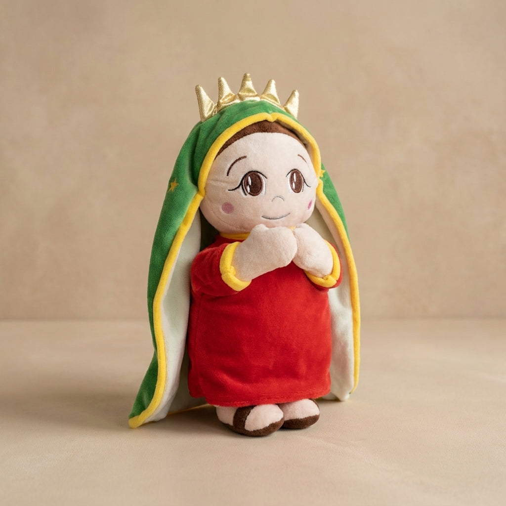 Peluche qui respire en robe rouge Marie et Jesus — musique et lumière