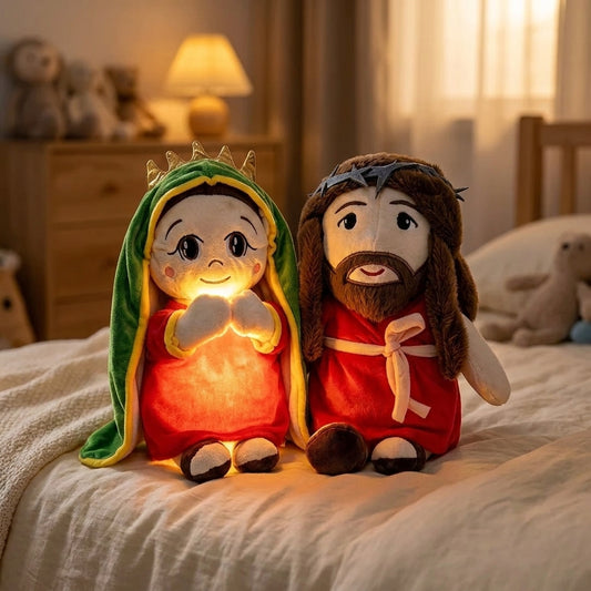 Peluche qui respire en robe rouge Marie et Jesus — musique et lumière