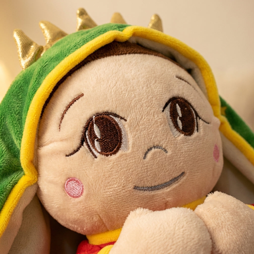 Peluche qui respire en robe rouge Marie et Jesus — musique et lumière