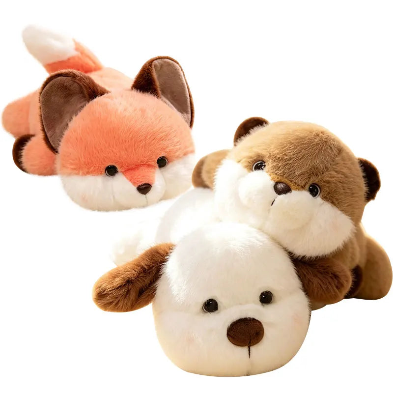 Peluches animaux allongés — renard, loutre, chat et chien en 25 et 35 cm