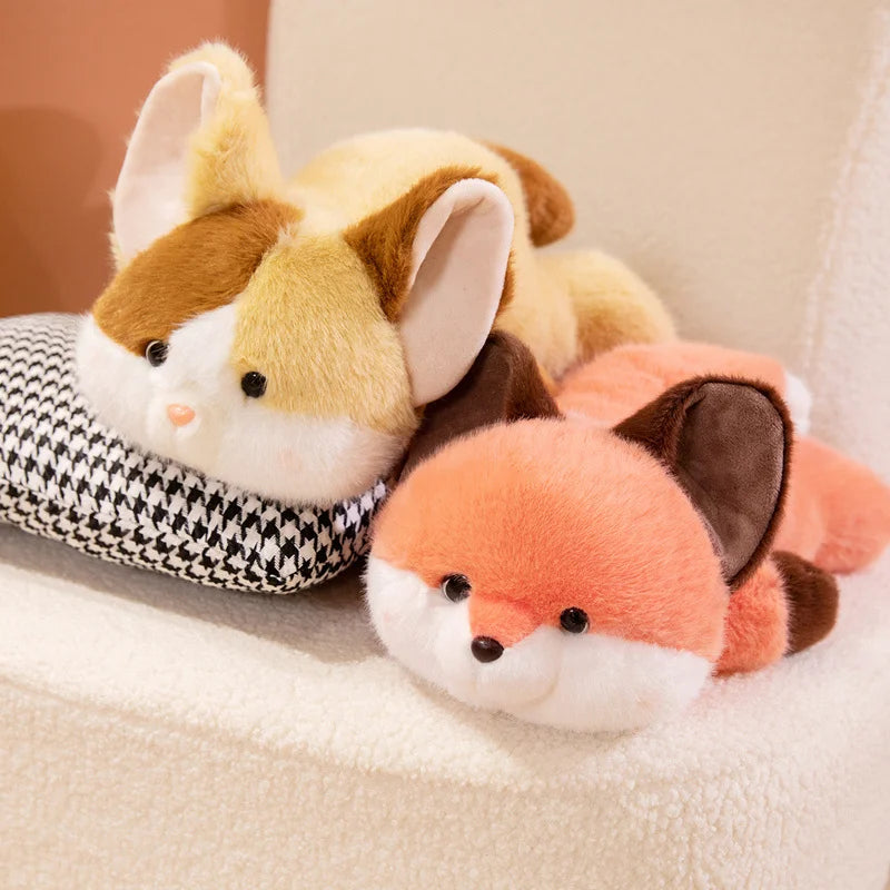 Peluches chat et renard couchés, format transportable de 25 cm