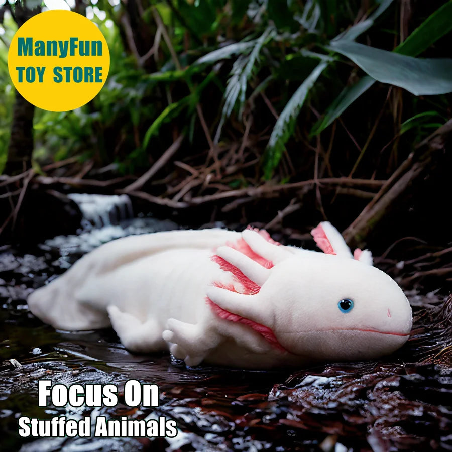 Peluche Axolotl Blanc et Rose avec Branchies Duveteuses