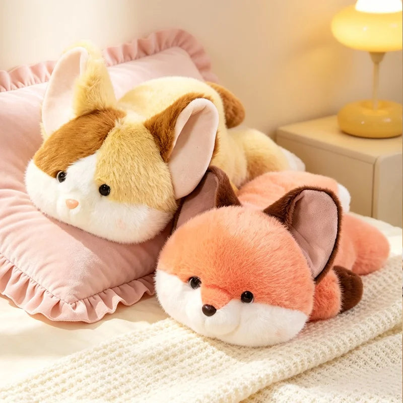 Peluches chat et renard allongés, deux tailles au choix, 25 et 35 cm