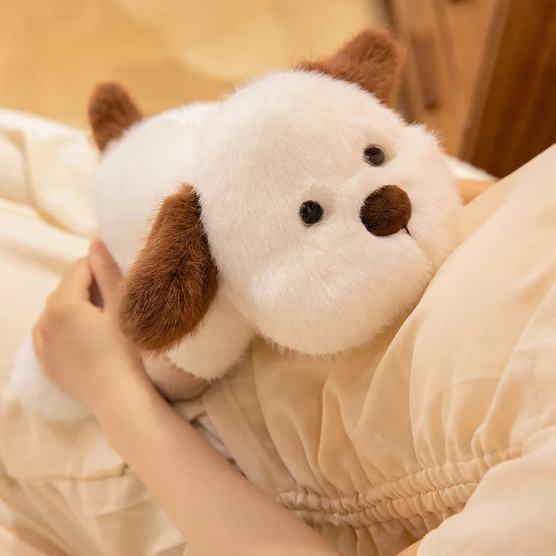Peluche chien allongée, truffe brune et oreilles contrastées en 25 ou 35 cm