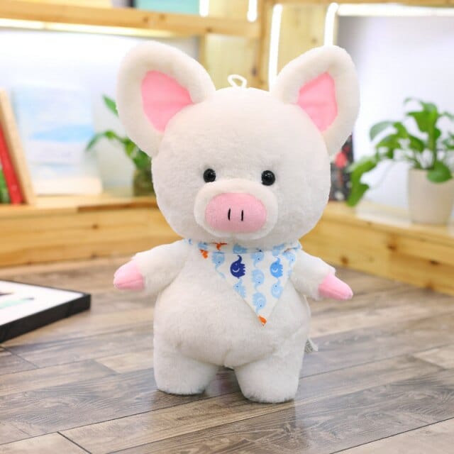 Cochon Peluche Géante - Pompom™ 28 cm / Foulard Blanc
