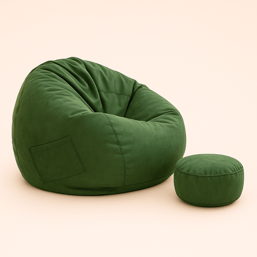 Fauteuil poire velours + pouf – cosy & designs