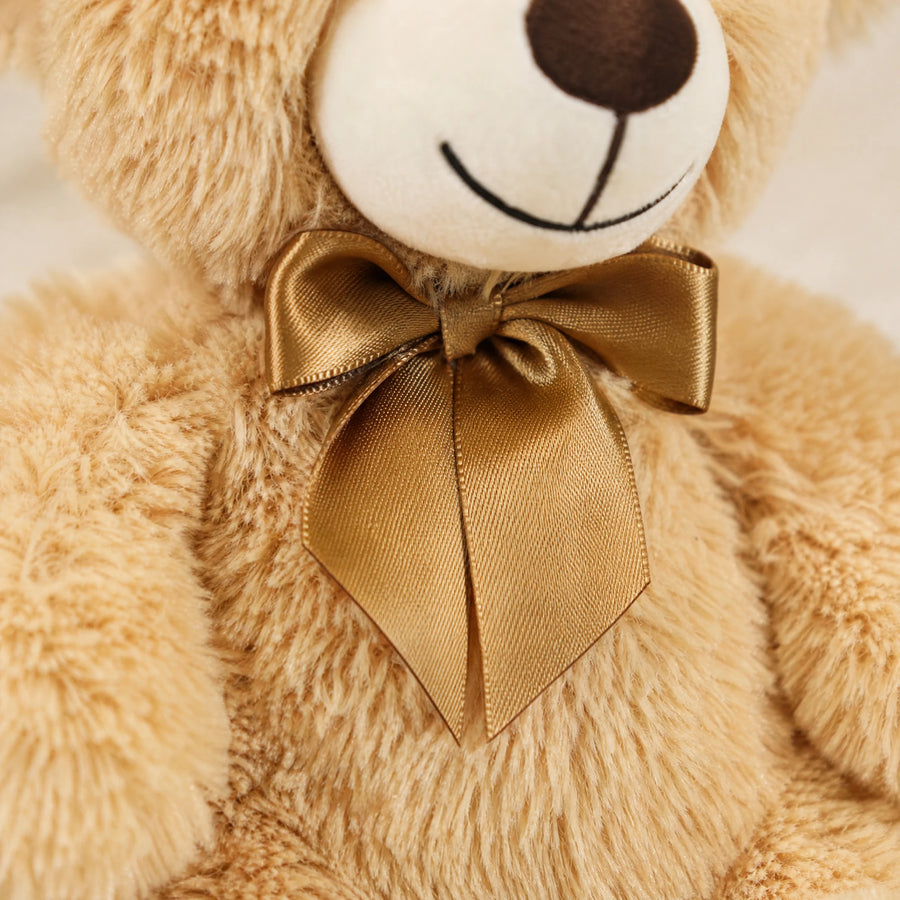 Ours en peluche nœud doré beige au regard tendre - Détail matière