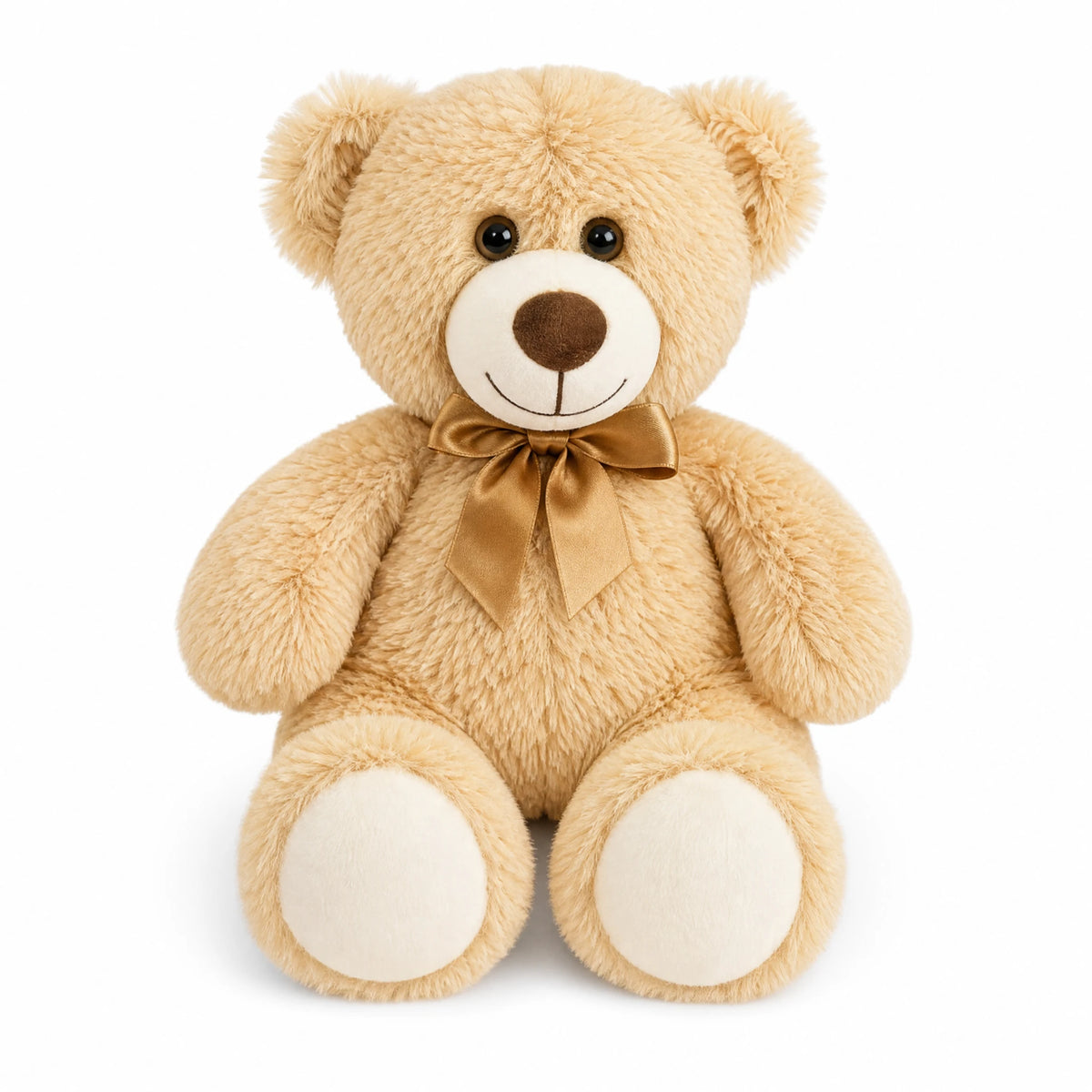 Ours en peluche nœud doré beige au regard tendre - Fond blanc