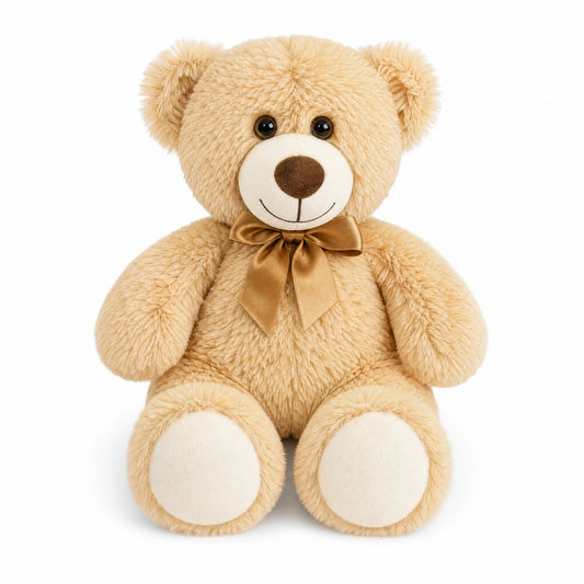 Ours en peluche nœud doré beige au regard tendre - Fond blanc