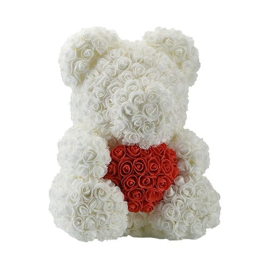 Ourson de roses blanc au cœur rouge amour
