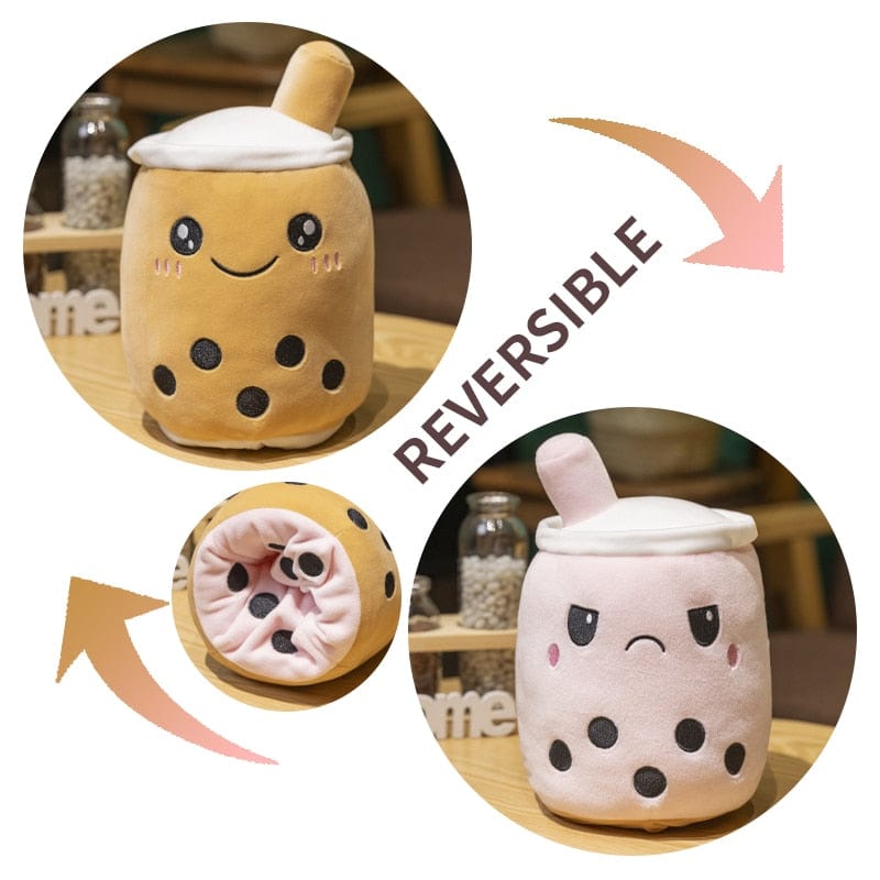 Peluche bubble tea réversible gentil ou méchant 15cm / Marron/Rose