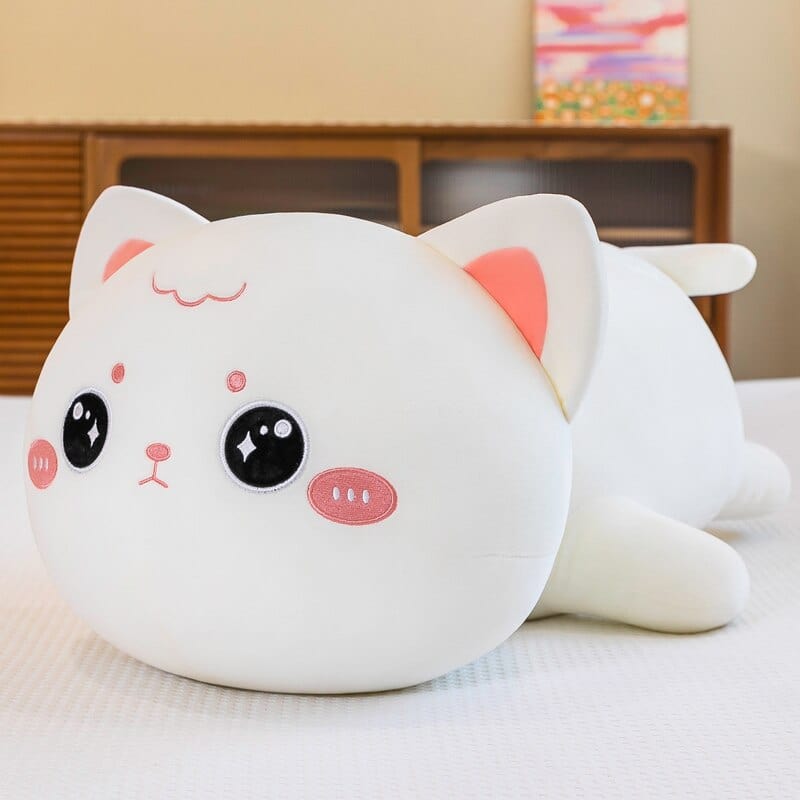 Peluche chat à câlins rondelet 40cm / Blanc yeux ouverts