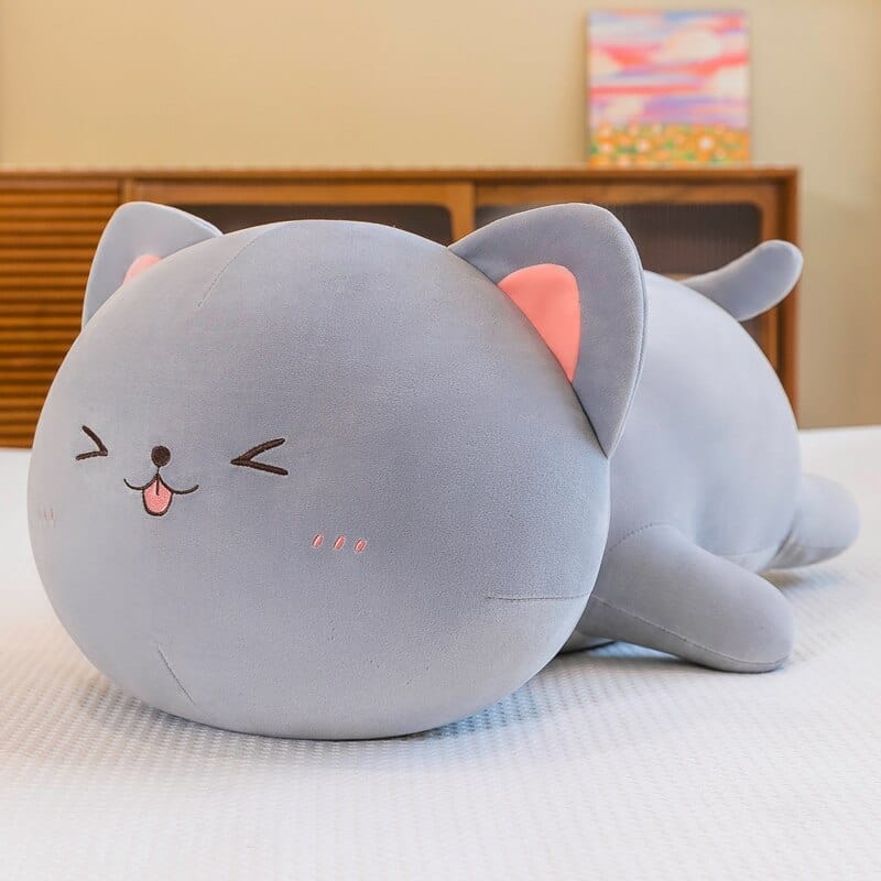 Peluche chat à câlins rondelet 40cm / Gris yeux fermés